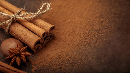 Cinnamon sticks and anise on a brown background with copy spaceの素材