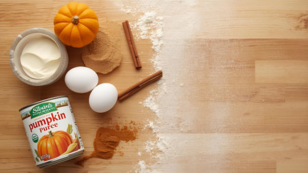 Pumpkin pie ingredients on a wooden background with copy space.の素材