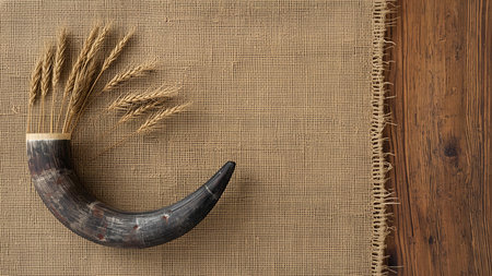 Shofar horn with ears of wheat on burlap and wooden backgroundの素材