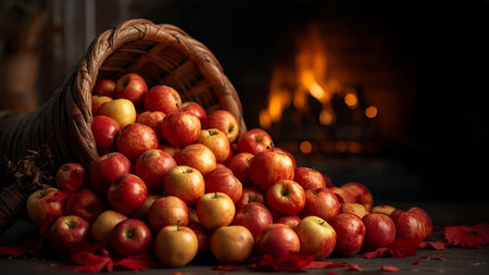 Autumn apples in a basket on a wooden table in front of a fireplaceの素材