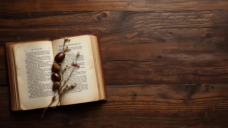 Old book and easter eggs on wooden background with copyspaceの素材