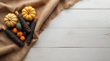 Autumn background with pumpkins and corn on sackcloth over white wooden tableの素材