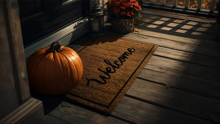 3D rendering of an orange doormat with the word Halloween in front of a doorの素材