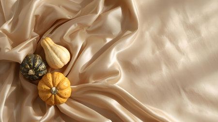 Pumpkin and corn on sackcloth on white wooden background.の素材