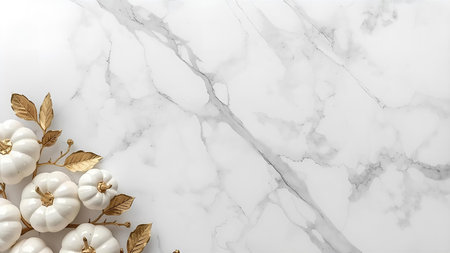 Creative layout made of white pumpkins and golden leaves on white marble background. Flat lay, top view, copy spaceの素材