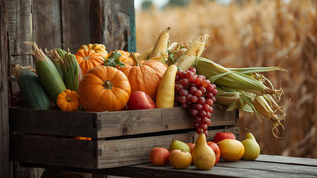 Autumn fruits and vegetables in a wooden box on a wooden backgroundの素材