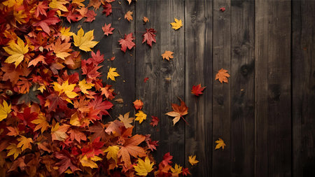 Autumn leaves on wooden background, top view. Seasonal backgroundの素材