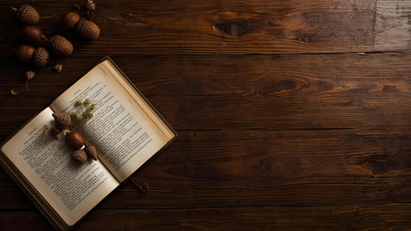Open book, acorns and oak leaves on a wooden background.の素材