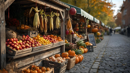 Fresh fruits and vegetables on the street market in autumn. Healthy eating conceptの素材