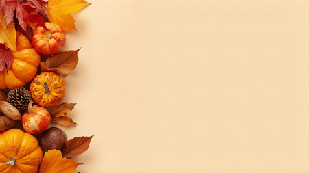 Autumn background with pumpkins, leaves and acorns. Top view with copy spaceの素材