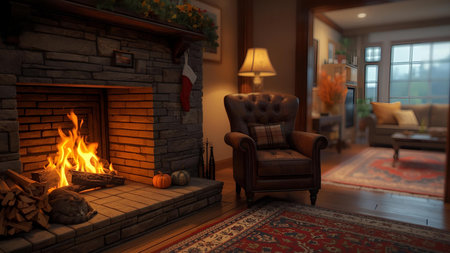 Cozy living room with fireplace and armchair in the evening.の素材