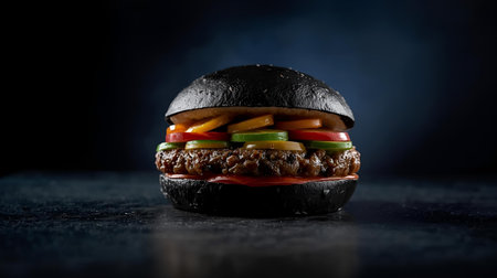 Black hamburger with fresh vegetables on a dark background. Toned.の素材