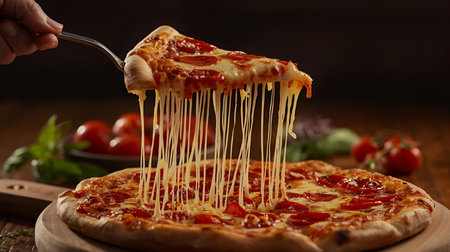Pizza with mozzarella cheese and tomatoes on a wooden tableの素材