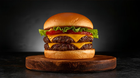 Cheeseburger on a wooden board on a dark background.の素材