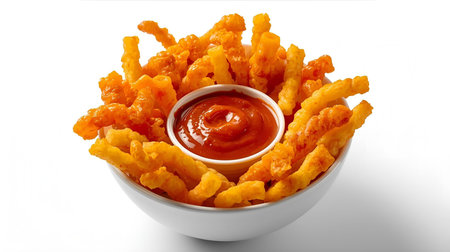 French fries with ketchup in a bowl on a white background.の素材