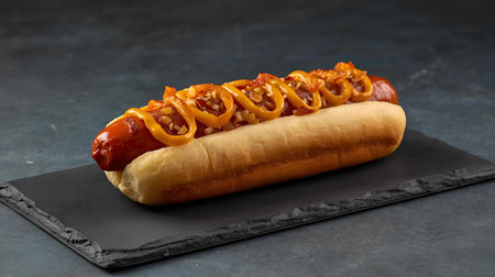 Hot dog with ketchup and mustard on black slate plate over dark backgroundの素材