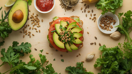 Healthy vegetarian sandwich with avocado, tomato, cucumber, herbs and seeds on wooden backgroundの素材