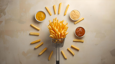 French fries with ketchup and mayonnaise on a light backgroundの素材