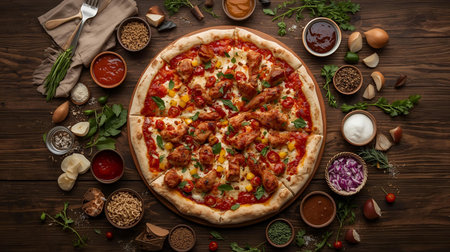 Pizza with chicken and vegetables on a wooden background. Top viewの素材