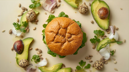 Healthy burger with avocado, sprouts and seeds on white backgroundの素材
