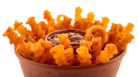 Bowl of deep fried onion rings with ketchup isolated on white backgroundの素材