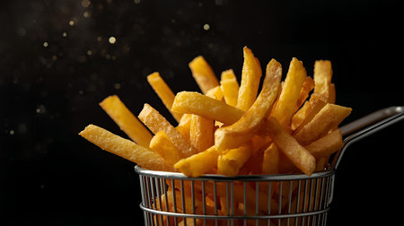 Golden French fries in a basket on a black background. Fast food.の素材
