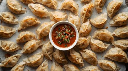 Fried dumplings with tomato sauce on a baking sheet.の素材