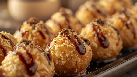 Close-up of sweet potato balls with chocolate, selective focus.の素材