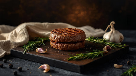 Grilled hamburger patty with rosemary and garlic on dark backgroundの素材