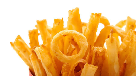 Close up of fried onion rings isolated on white background. Selective focus.の素材
