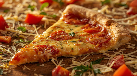 Pizza with mozzarella cheese and tomatoes on a wooden backgroundの素材