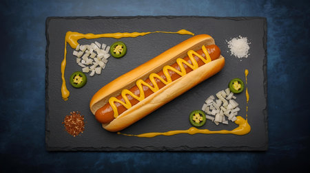 Hot dog with kiwi, onion and mustard on black slate boardの素材