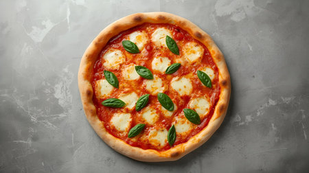 Pizza Margherita with mozzarella cheese and basil on grey backgroundの素材