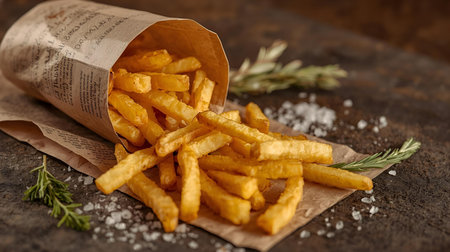 Golden French fries with rosemary and salt on a rustic backgroundの素材
