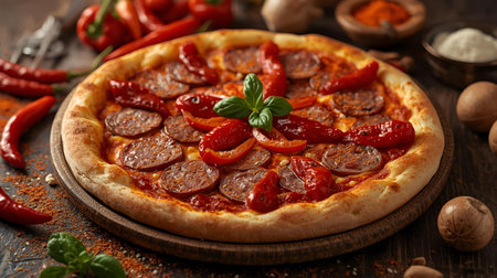 Pizza with sausages, pepper and basil on wooden backgroundの素材