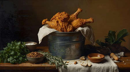 chicken legs in a pan on a wooden table with spices and herbsの素材