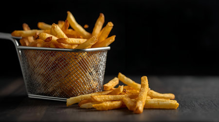 Golden French fries in a metal basket on a dark wooden background.の素材