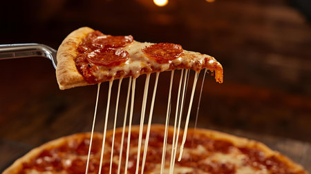 Pizza with pepperoni and mozzarella cheese on wooden backgroundの素材