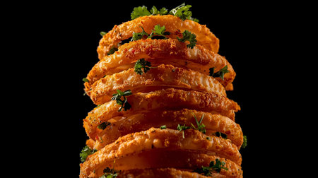 Slices of fried onion rings with parsley on black backgroundの素材