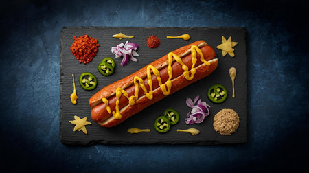 Hot dog with mustard on a black slate plate on a blue backgroundの素材