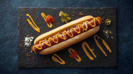 Delicious hot dog with mustard and ketchup on dark background, top viewの素材