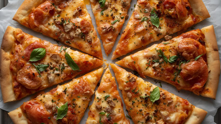 Slices of tasty pizza with chicken on baking paper, closeupの素材