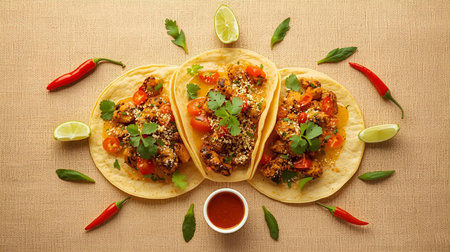 Mexican tacos with meat, vegetables and sauce on sackcloth backgroundの素材