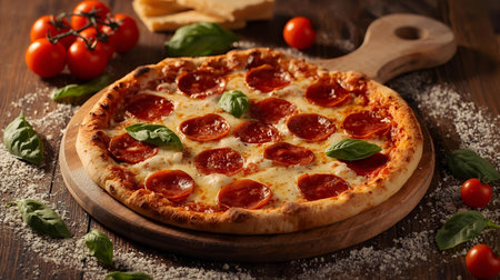 Pepperoni pizza with mozzarella cheese, tomatoes and basilの素材