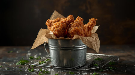 Fried chicken nuggets in a metal bucket on a dark backgroundの素材