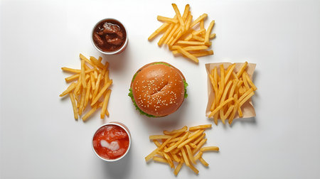 Top view of hamburger, french fries and ketchup on white backgroundの素材