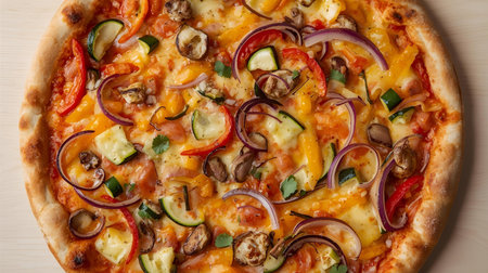 Pizza with mushrooms, pepper, cucumber, onion, tomato and cheeseの素材