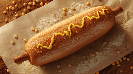 Hot dog with mustard and raisins on baking paper, top viewの素材