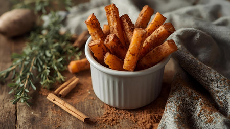 crispy bread sticks with cinnamon and rosemary on wooden tableの素材