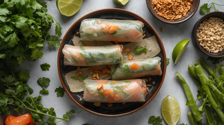 Plate with tasty spring rolls and ingredients on light table, top viewの素材